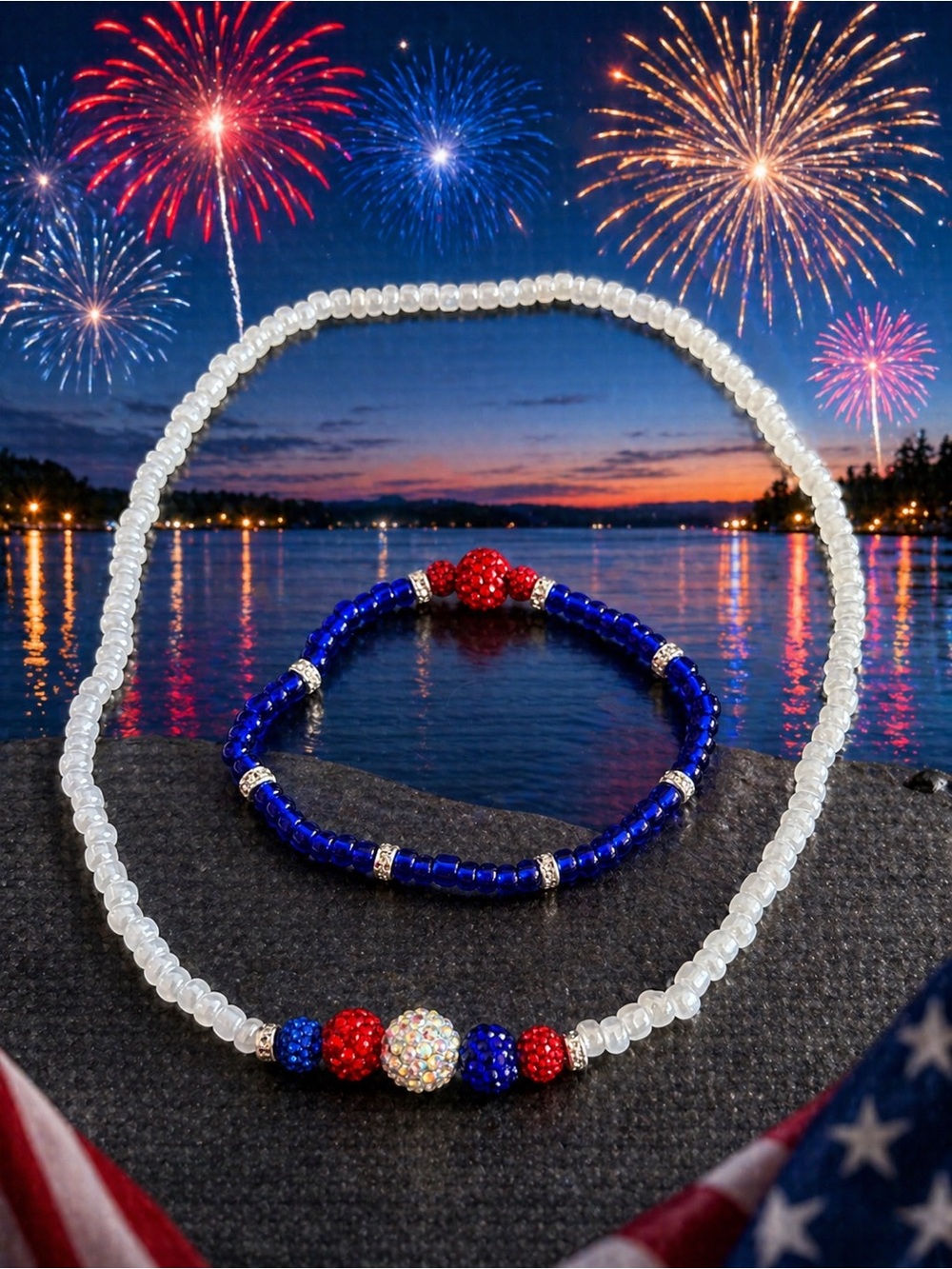 Patriotic Fireworks Beaded choker & Bracelet Set9”